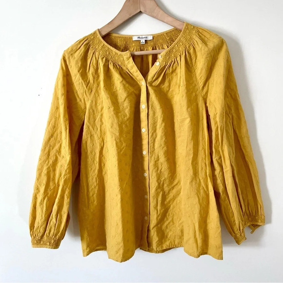 Madewell Floral Embroidered Smocked-Neck Raglan  Top - Picture 3 of 8